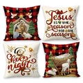 Set van 4 vintage kerstkussenhoezen met engel- en kerststalscènes op geruit patroon - Kerst Engel Lam (Set van 4) / Regenboog