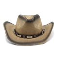 Detail der Cowboyhut-Strohflechtung mit Lederband und Vintage-Metallstern-Verzierungen - M (56-58cm) / Braunes Leder Stern und Knochen Ornament Stil (2)