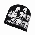 Winter black knit beanie with white jacquard skull pattern for hip-hop fashion style - White Skull-Black