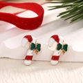 Christmas candy cane stud earrings with red and white enamel and a green bow - Green Bow Candy Cane (EAR0049)