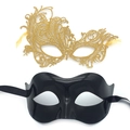 Detail of gold lace and black glossy half-face masquerade masks with ribbons - 013 Gold Lace + Eye Mask