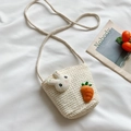 Creamy white straw bucket bag for girls with plush bunny and carrot decoration - Rabbit