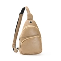 Khaki PU leather sling bag with multi-layer zippers and headphone port for outdoor use - Apricot