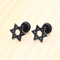 Macro shot of black stainless steel hexagram stud earrings on a natural wood background - 1 Piece / Black