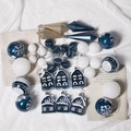Set di decorazioni natalizie blu e bianche con fiocchi di neve e pendenti a forma di casa - Blu Foglia Argento Champagne Set da 36