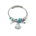 Stainless steel cable bracelet with sky blue crystal beads and heart charm - Waterdrop Hollow Flower (C2-005) / Blue
