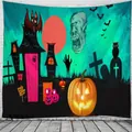 Detailed Halloween tapestry showing glowing pumpkins and pink castle on white brick wall - 90x60cm / Style 22WSJ31