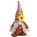 Thanksgiving gnome with orange plaid hat, maple leaf and sunflower decorations on white background - Female (Braids Style) / Orange Grid Hat
