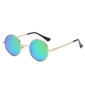 Retro round polarized sunglasses featuring a gold metal frame and cyan reflective lenses - Gold Frame Green Reflective C20