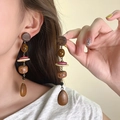 Detailed close-up view of bohemian vintage wooden beaded drop earrings on a model - 2# Silver Post - Coffee
