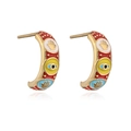 Gold plated C-shape enamel stud earrings with palm and eye motifs in multi-color - Hamsa Hand Evil Eye / Gold