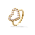 Detailed view of an open golden heart ring featuring delicate inlaid faux pearls - Gold Ring
