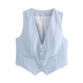 Vue à plat d'un gilet de costume bleu clair à col en V pour femme avec quatre boutons - S / Bleu clair