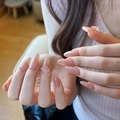 Short almond cat eye press-on nails in nude pink with crystals and shimmering glitters - By1539 Still Waters Run Deep / Phototherapy Glue Style