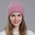 Women's deep pink rabbit fur beanie in warm rib-knit style for autumn and winter - Purple