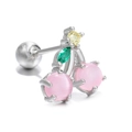 Boucle d'oreille cerise rose avec feuille en zircon vert et fermoir à vis argenté - Cerise Argent