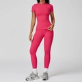 Slim fit two-piece magenta yoga set including short sleeve T-shirt and high waist leggings - XL / Short Sleeve + Leggings / Peony Red