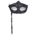Classic black sequined handheld masquerade mask with silver rhinestones and side handle - Sequined Edge Handheld Style / Black