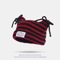 Striped knit cat ear beanie in red and black with decorative black ribbon bows - M (56-58cm) / Red + Black