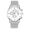 Montre quartz tendance avec bracelet maille argenté, cadran blanc à calendrier et trois sous-cadrans - Cadran Blanc Bracelet Argenté