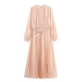 Elegante vestido midi plisado rosa suave con manga larga y cinturón a juego - XS / Rosa
