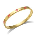 Gold stainless steel bangle featuring pink floral motifs and small heart accents - Gold Color + Red Enamel Flower