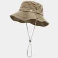 Retro washed cotton khaki bucket hat with small airplane embroidery and adjustable chin strap - One Size / Khaki