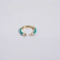Detailed top view of a gold open ring with teal enamel and pear-cut zircon stones - Adjustable Open / Blue