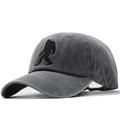 Close-up of black Bigfoot embroidery on high-quality washed grey cotton baseball cap - Adjustable / Gray