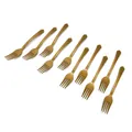 Detailed view of ten disposable golden plastic forks with decorative shell-pattern handles - Gold Plastic Forks