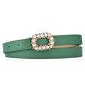 Elegant emerald green leather skinny belt with oval pearl and rhinestone buckle decoration - Green