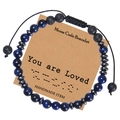 Dettaglio del bracciale codice Morse con pietre occhio di tigre e perle laviche - Stile Occhio Di Tigre Blu (You are Loved)