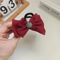 Elegant red bow hair claw clip with crystal center for fairy-style voluminous hairstyles - Red Shiny Silk Bow Claw Clip Medium