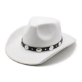 Classic white wool felt fedora cowboy hat with black metal-studded leather belt strap - White / M (56-58cm)