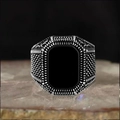 Close-up of vintage punk ring with black rectangle gemstone and engraved metal band - US 7 / Antique Silver Black Face