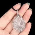 Teardrop clear crystal pendant with silver wire tree of life on black cord - White Crystal