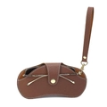 Portable brown lychee leather sunglasses bag with matching neck lanyard and gold metal clasp - Wristlet Style / Coffee