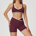 Women's burgundy high waist cross-waist yoga set with white contrast trim and V-neck top - S / Top And Bottom / Dark Burgundy (Bra + Shorts)