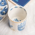 White ceramic mug featuring blue and gold eye palm patterns on a soft white background - Hamsa Hand Small Jar (No Lid)