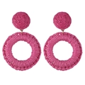 Handmade raffia hoop earrings in rose red woven texture with bohemian ball stud design - Rose Red Large Round Woven Drop Earrings