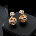 Detailed macro view of retro hollow double ball earrings with colorful micro-set zircons - Gold E335