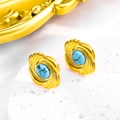 Detail shot of vintage gold oval earrings with turquoise inlay on stone base - Stud Earrings