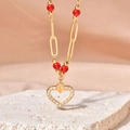 18k vergoldete Edelstahl-Herzkette mit roten Perlen und weißem Zirkon-Herzanhänger - 18K Vergoldet / Gold