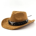 Detail of western cowboy hat featuring vintage bull head metal emblem and leather band - M(56-58cm) / Khaki