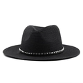Close-up of black straw fedora hat featuring a stylish silver studded leather band detail - Black