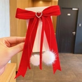 Red velvet bow hair clip with heart rhinestone, white pompoms and long festive ribbons - Style 5: Long Streamers with Fur Balls