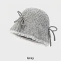 Gray bouclé knit bucket hat with white lace trim and sweet ribbon bows for winter - M (54-58cm) / Gray