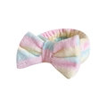 Coral fleece headband with pink, yellow, and blue stripes and a large bow tie - Yellow and Pink Stripes