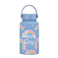 Light blue stainless steel 650ml water bottle with rainbow print and Happy Day text - Smog Blue Happy Day Rainbow