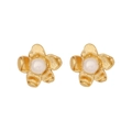 Elegant gold shell flower stud earrings with white pearls in a brushed finish - Brushed Five-petal Flower Design (E565-7#)